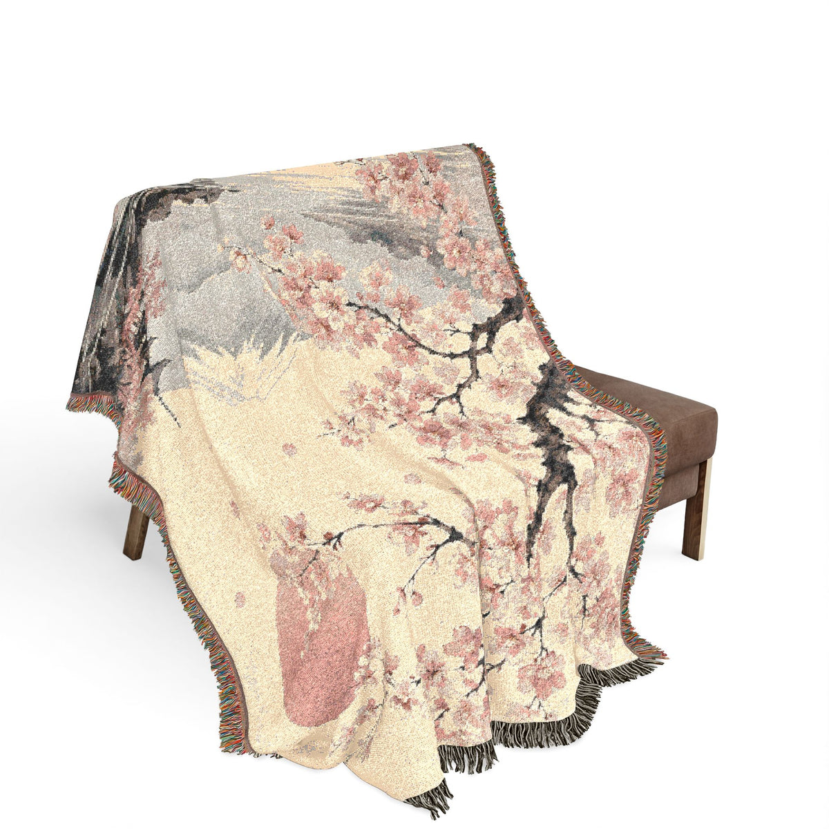 Cherry Blossom Moon Woven Blanket | Japanese Sakura Tapestry Throw