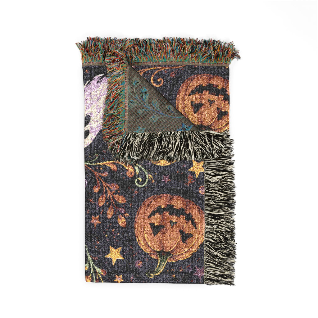 Halloween Ghost Pattern Woven Blanket | Jack-o'-Lanterns, Moon, Candy