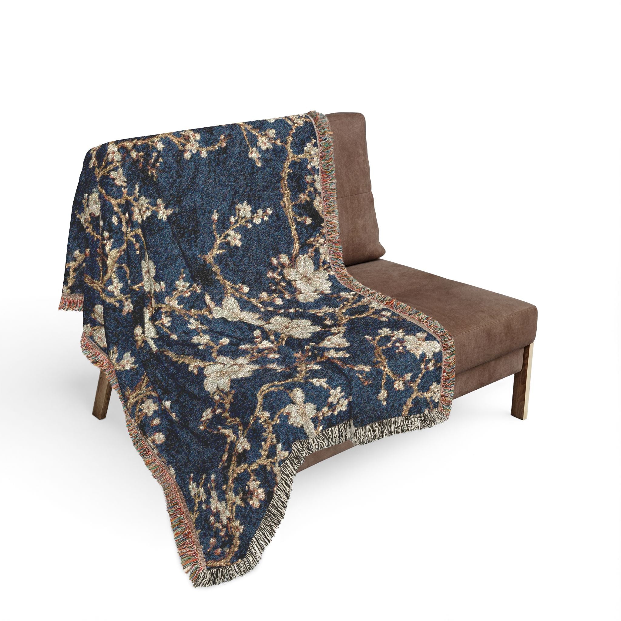 Floral Mosaic Woven Blanket — Navy Cherry Blossom Throw