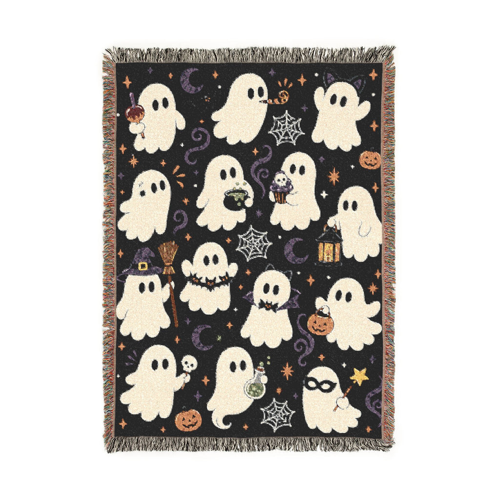 Cute Ghost Pattern Woven Blanket | Halloween Pumpkin Night Sky