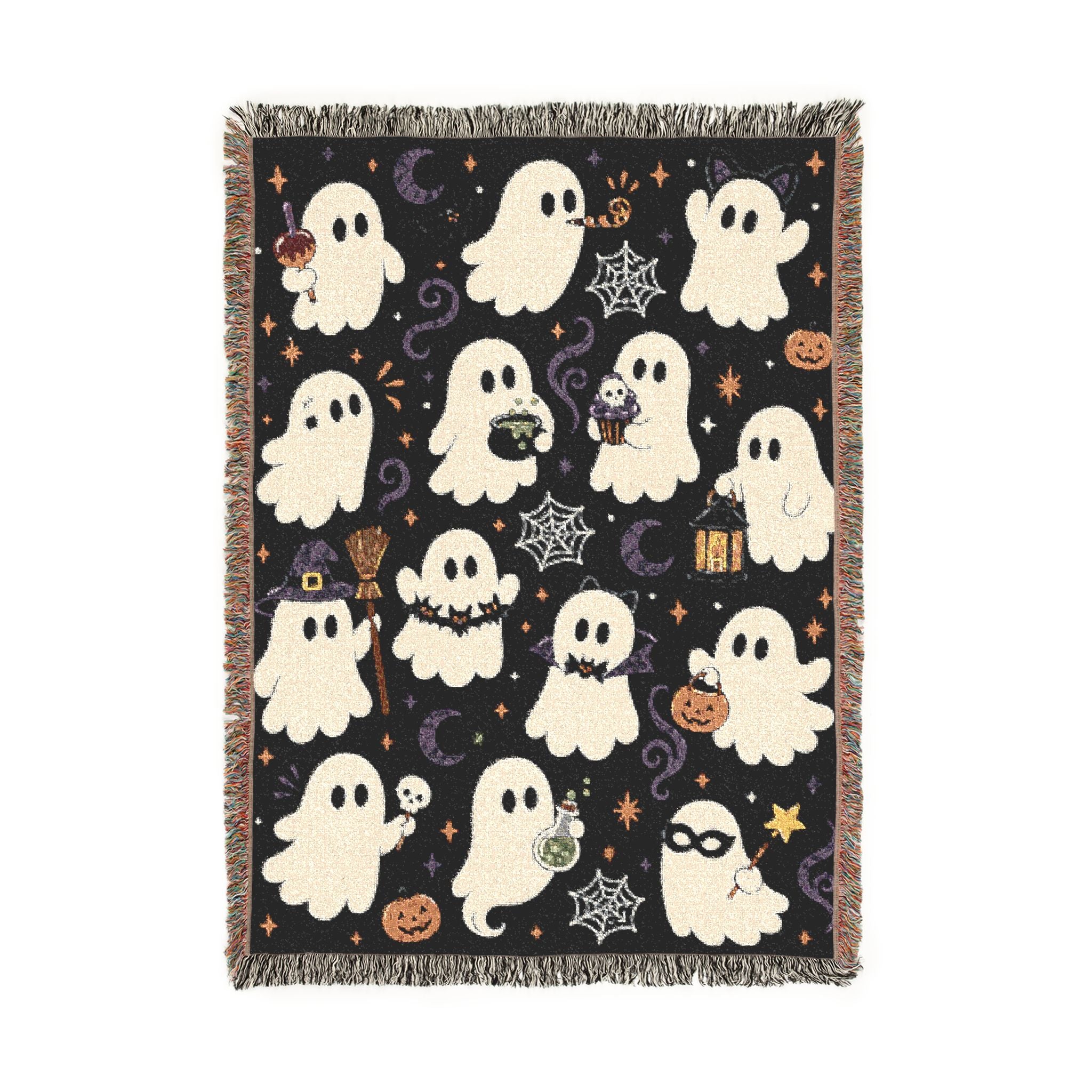 Cute Ghost Pattern Woven Blanket | Halloween Pumpkin Night Sky