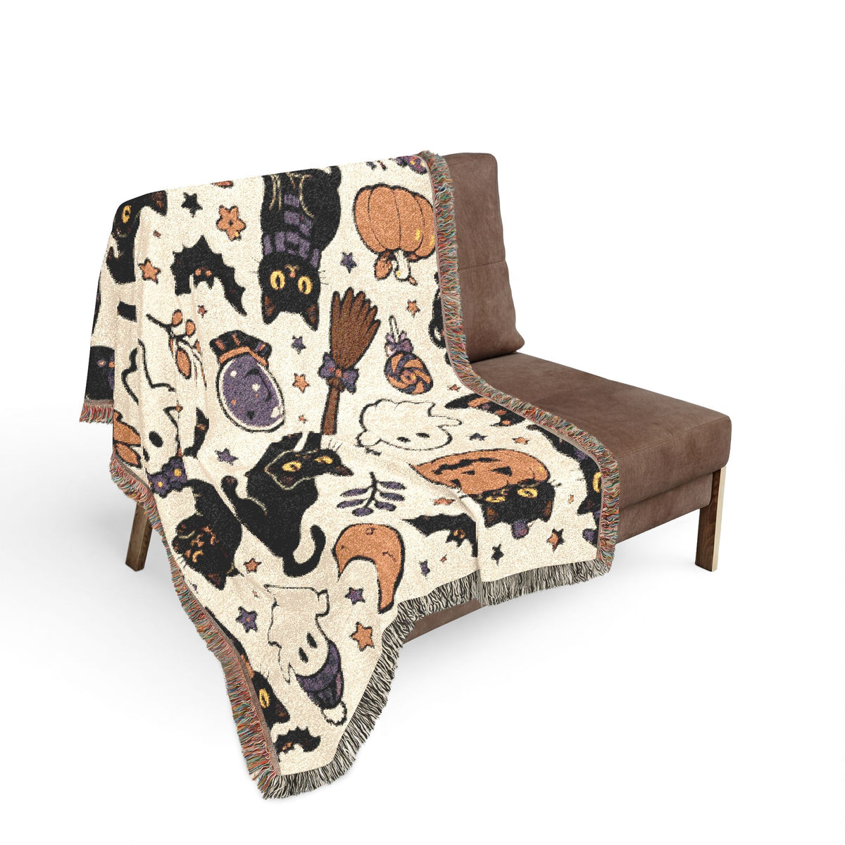 Black Cat Halloween Pattern Woven Blanket | Spooky Pumpkin Ghosts