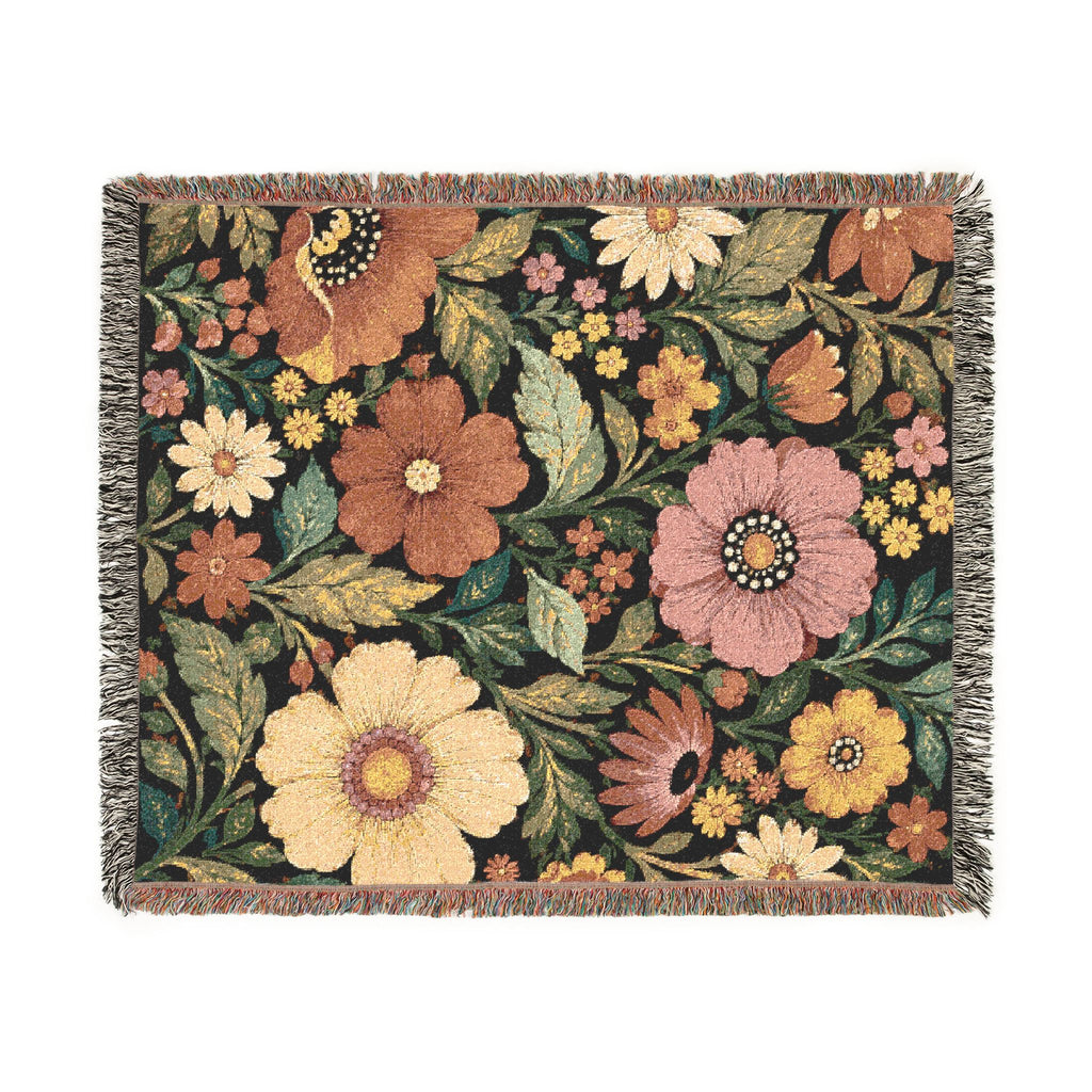 Vintage Floral Woven Blanket | Retro Botanical Throw, Tapestry Style