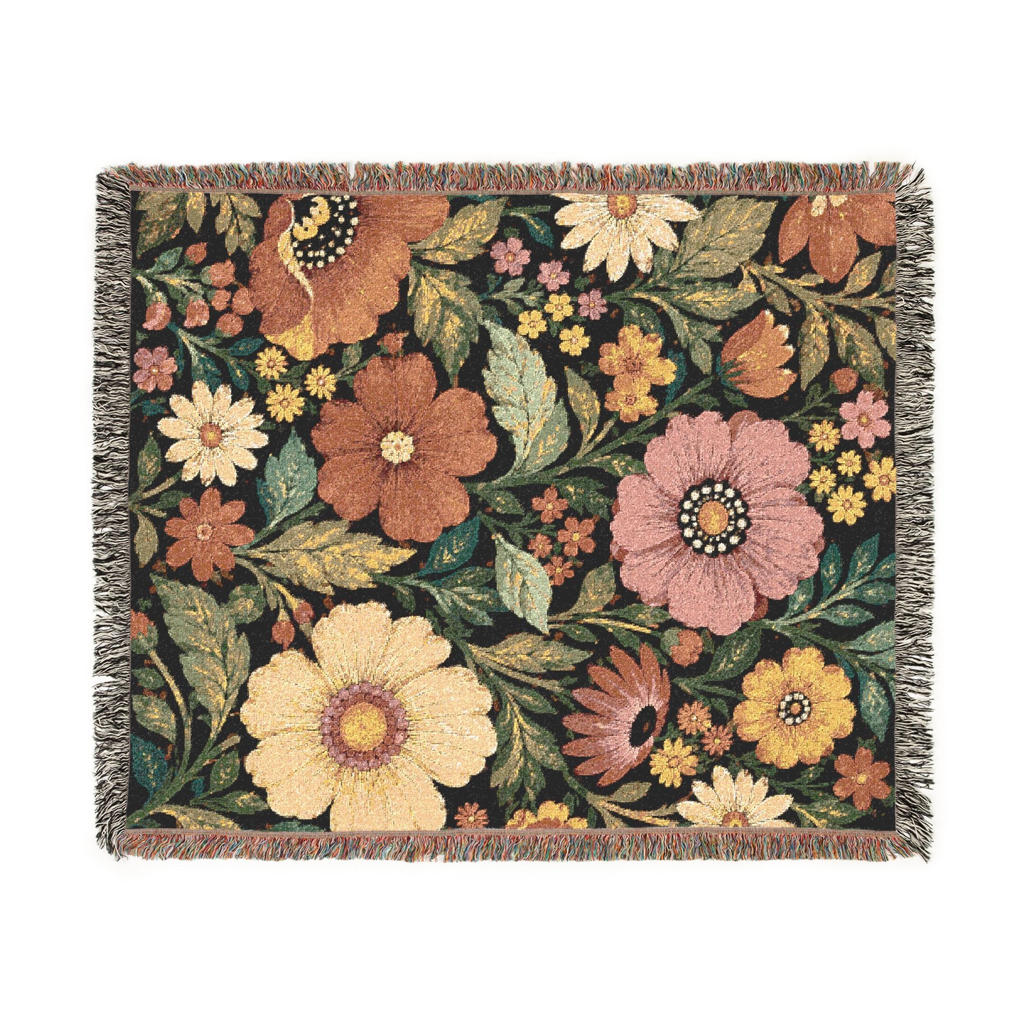 Vintage Floral Woven Blanket | Retro Botanical Throw, Tapestry Style