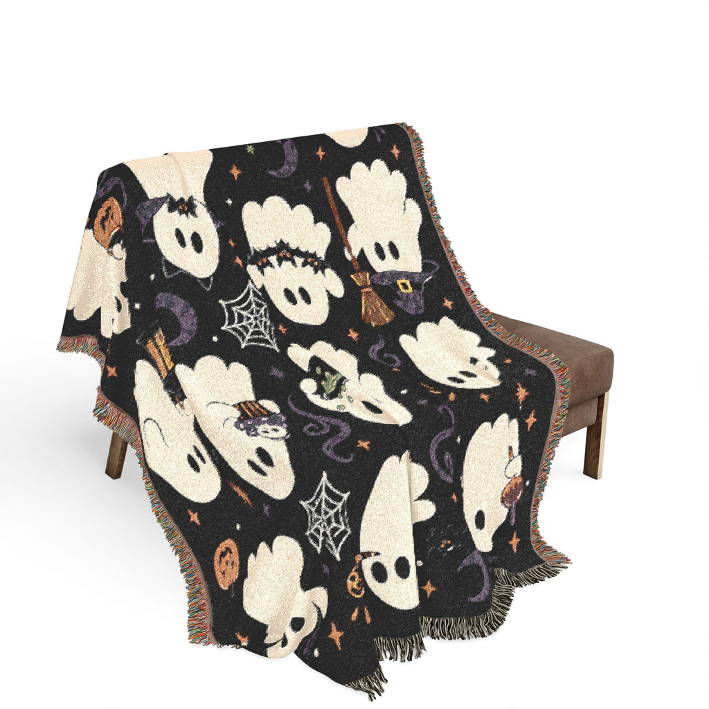 Cute Ghost Pattern Woven Blanket | Halloween Pumpkin Night Sky