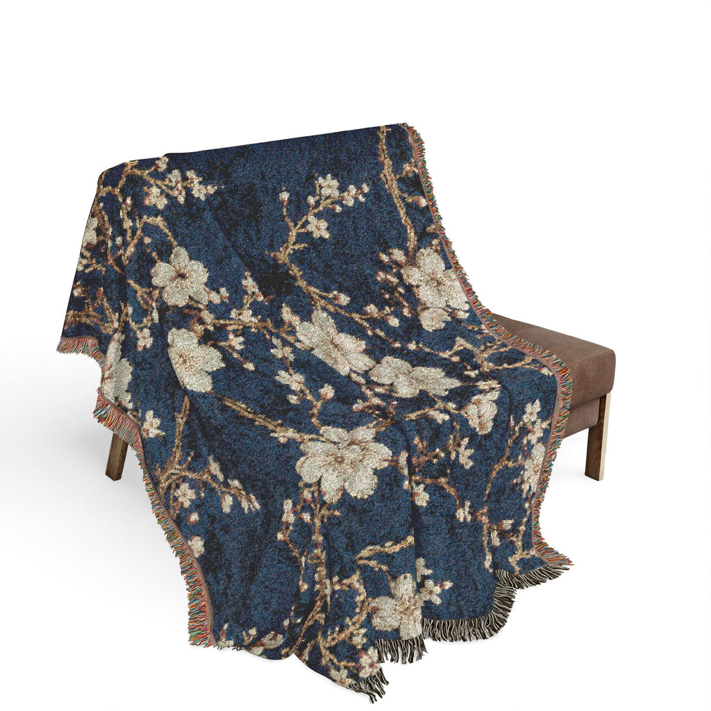 Floral Mosaic Woven Blanket — Navy Cherry Blossom Throw