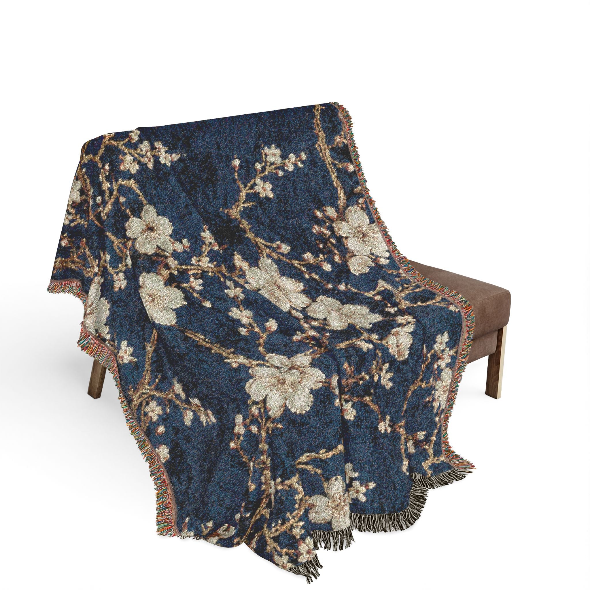 Floral Mosaic Woven Blanket — Navy Cherry Blossom Throw