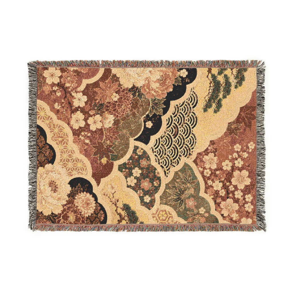 Floral Japanese style Pattern Woven Blanket | Vintage Patchwork Tapestry Throw