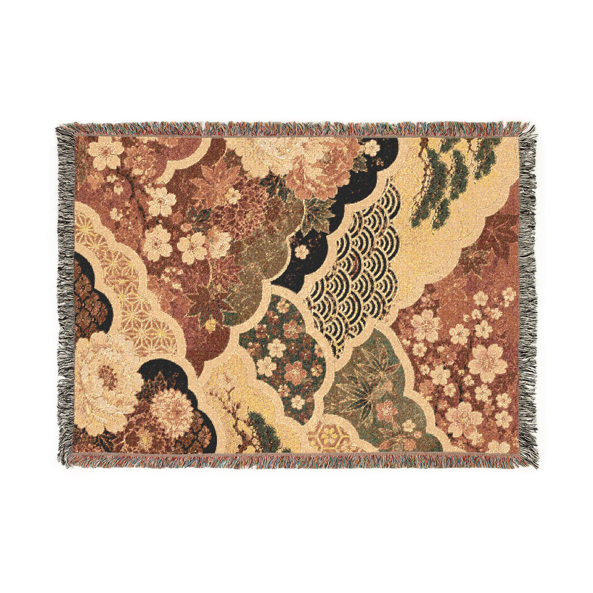 Floral Japanese style Pattern Woven Blanket | Vintage Patchwork Tapestry Throw