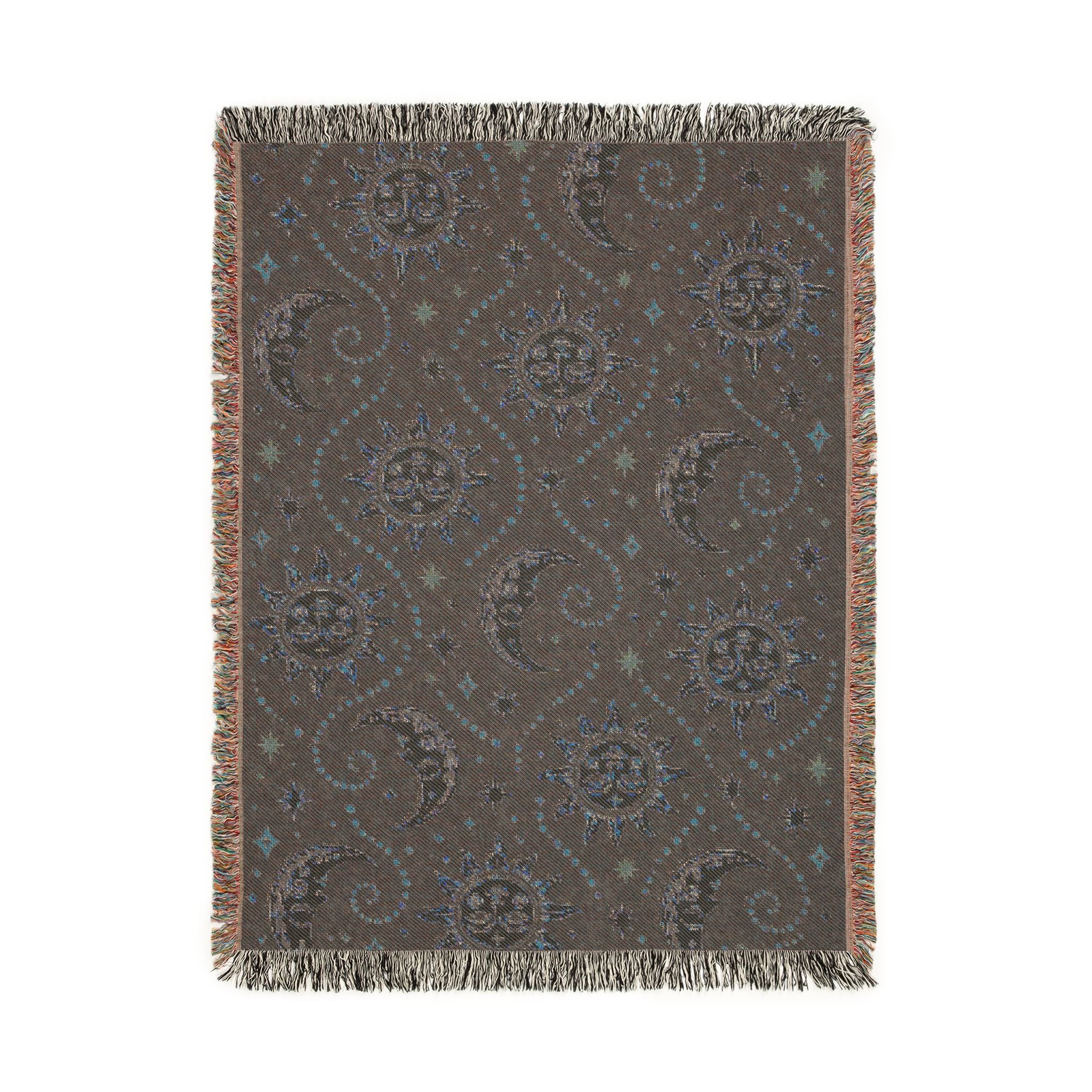 Sun and Moon Pattern Woven Blanket | Celestial Throw, Starry Night Tapestry