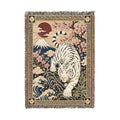 White Tiger Illustration Woven Blanket | Asian Floral Motif, Decorative Throw
