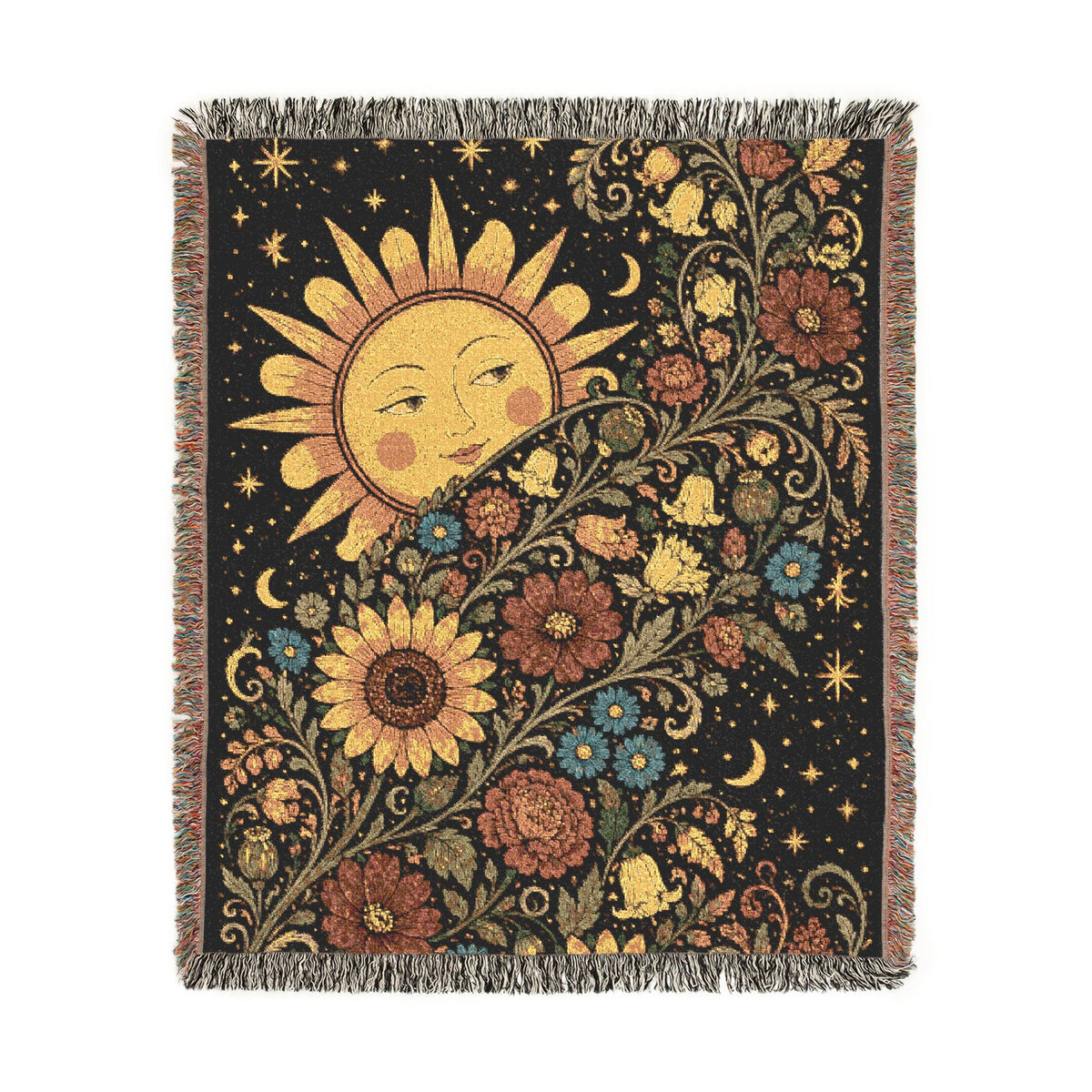 Sunflower Moon Tapestry Woven Blanket | Celestial Floral Throw