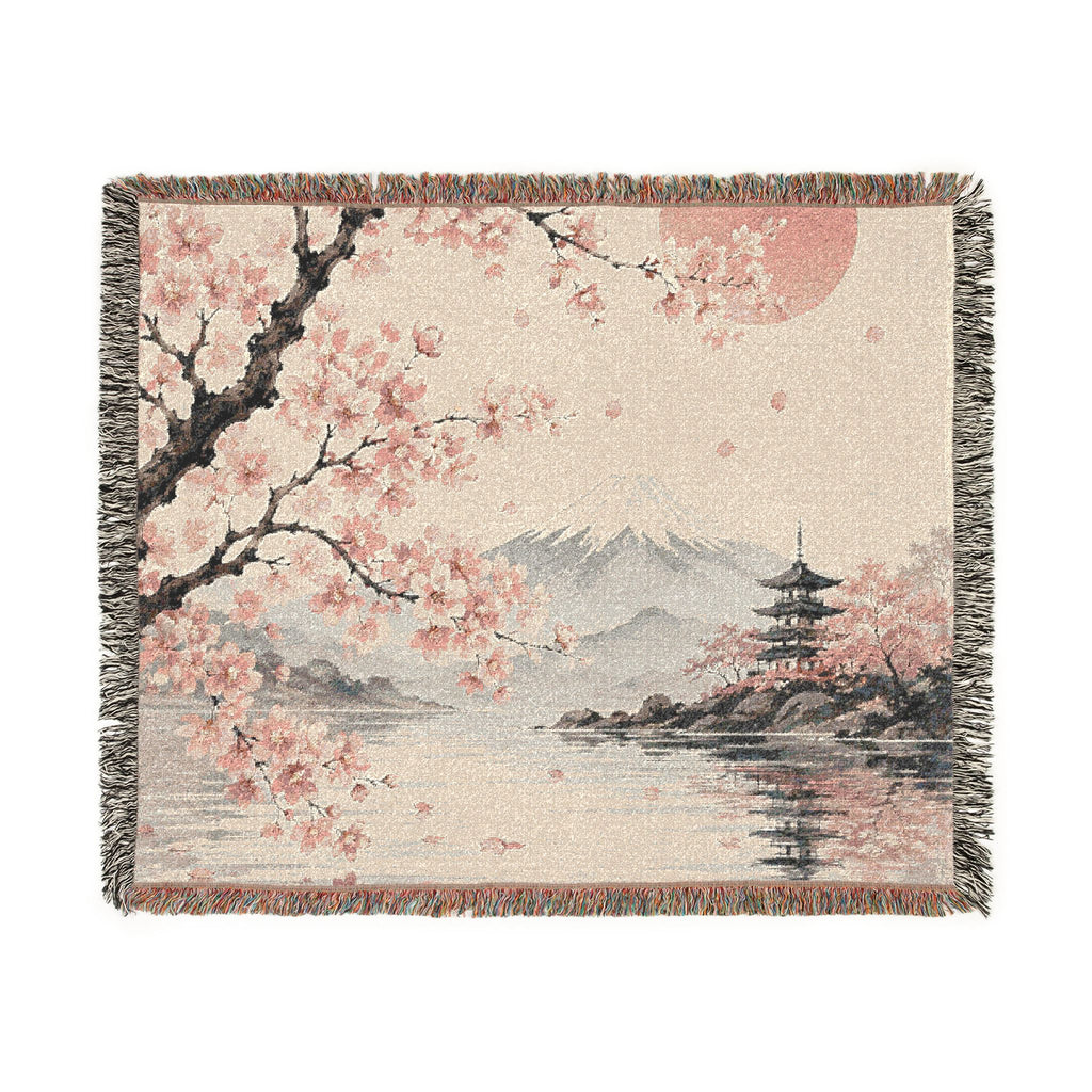 Cherry Blossom Woven Blanket — Japanese Moon Tapestry Throw