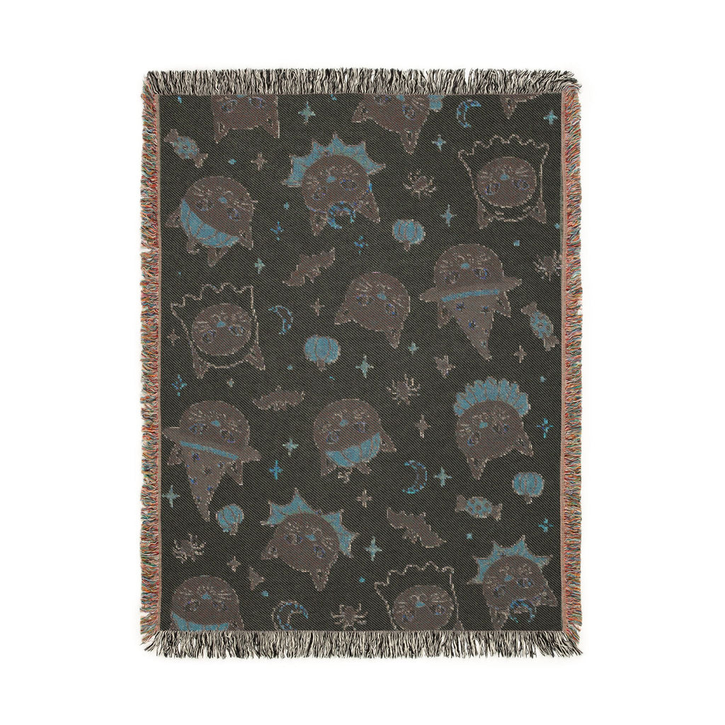 Spooky Cat Witch Pattern Woven Blanket | Halloween Cat Moon Stars
