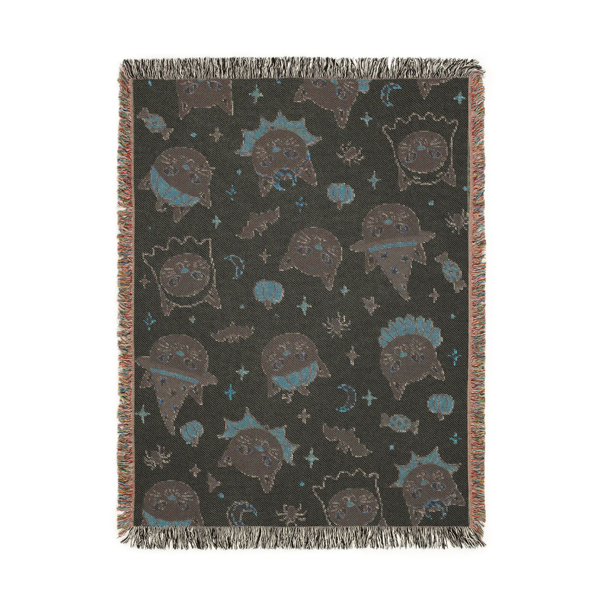 Spooky Cat Witch Pattern Woven Blanket | Halloween Cat Moon Stars
