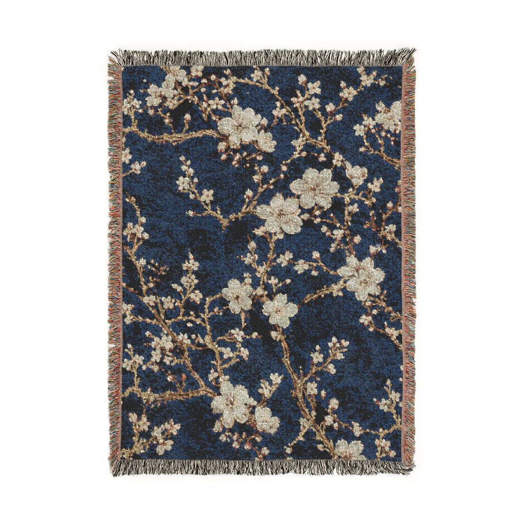 Floral Mosaic Woven Blanket — Navy Cherry Blossom Throw