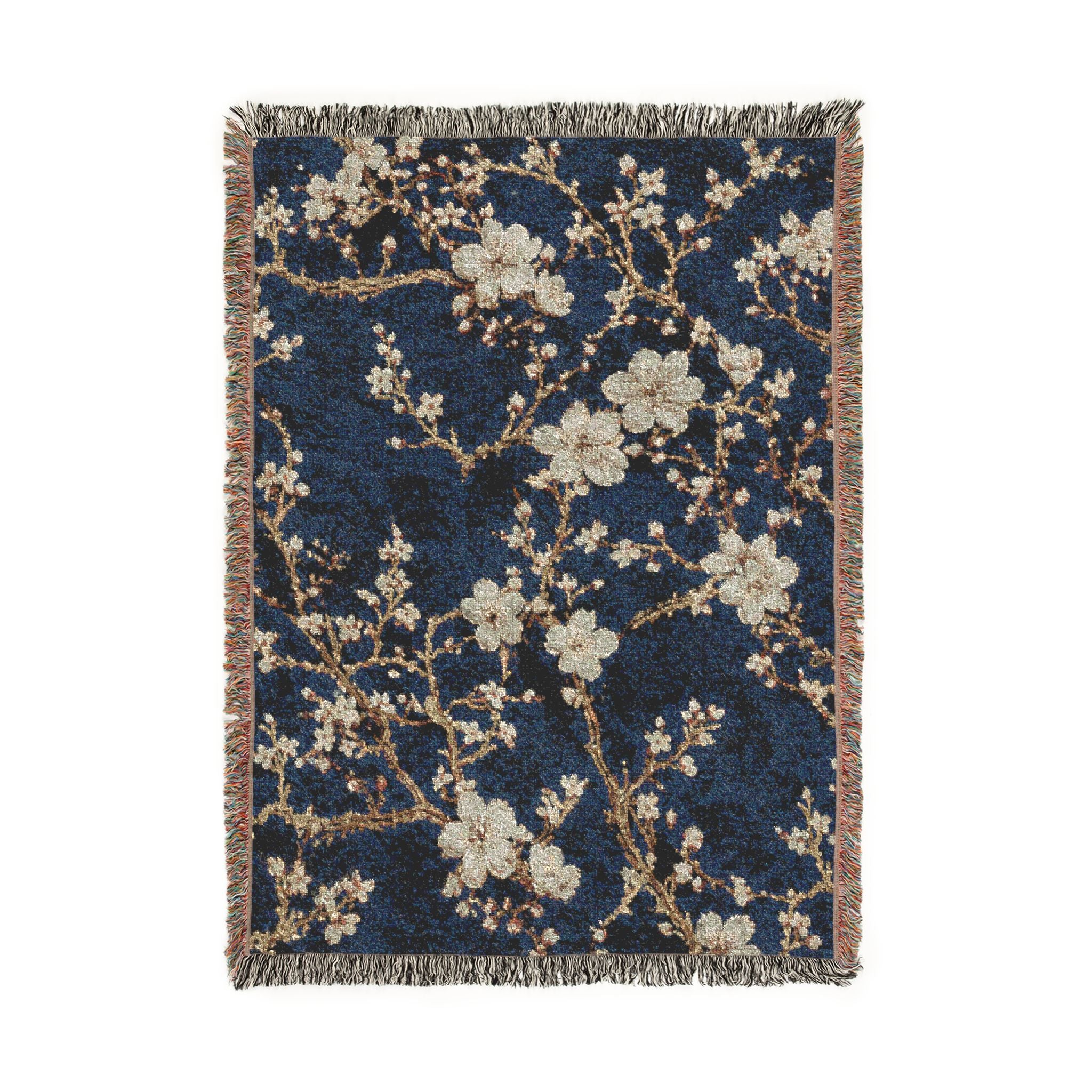 Floral Mosaic Woven Blanket — Navy Cherry Blossom Throw