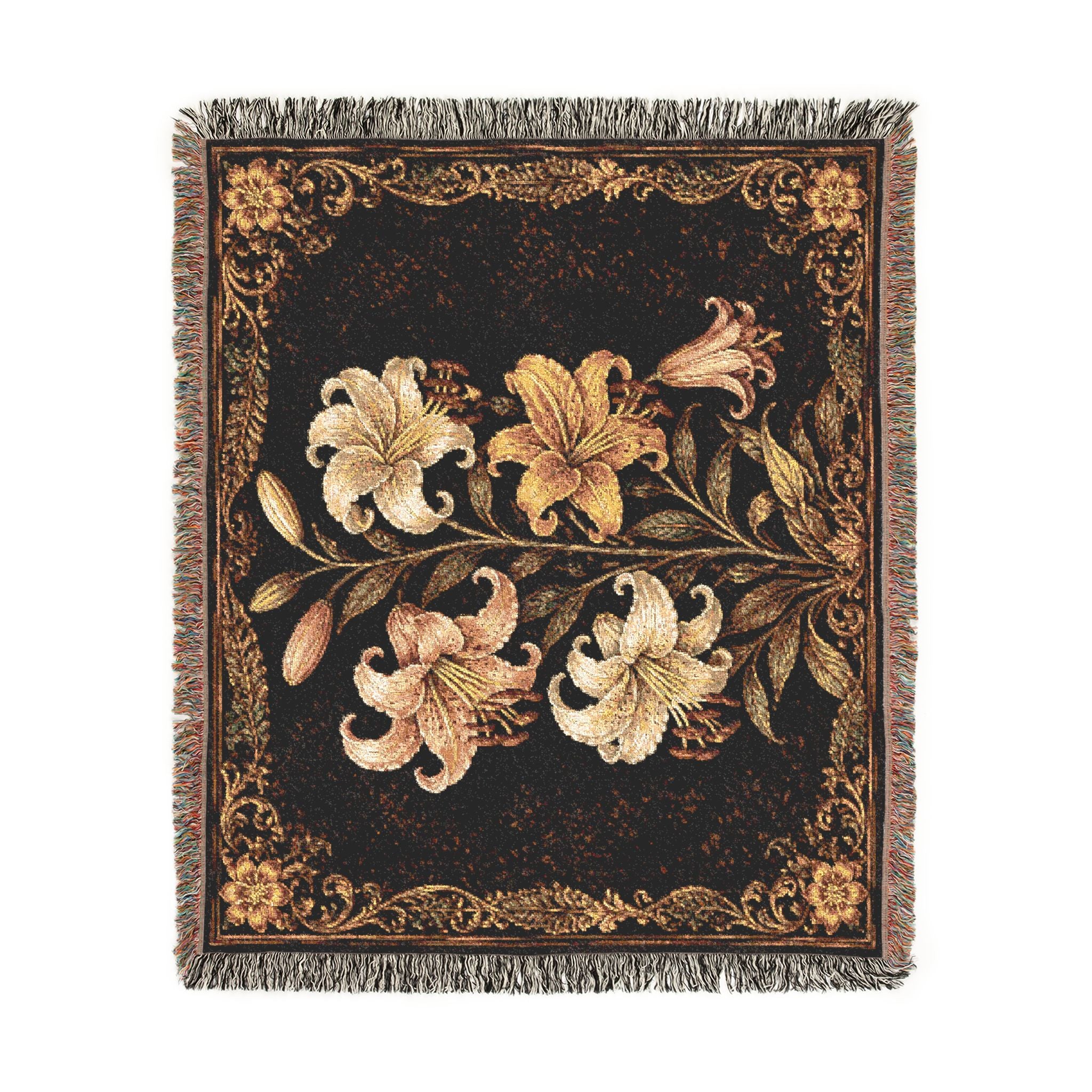 Vintage Floral Lily Woven Blanket | Decorative Throw, Tapestry-Style