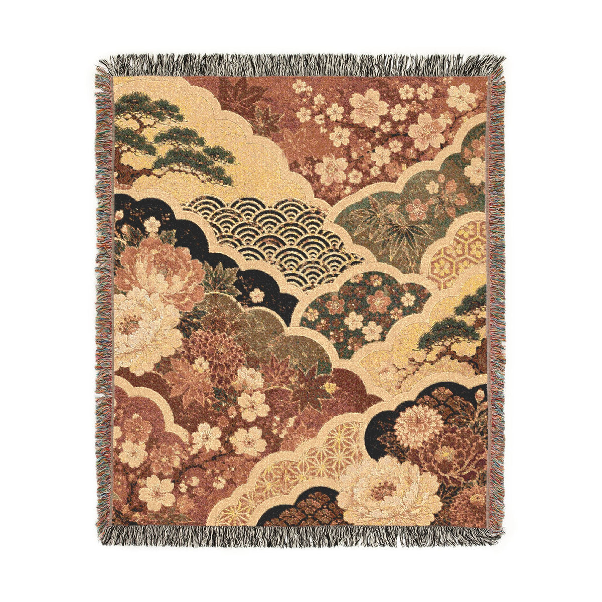 Floral Japanese style Pattern Woven Blanket | Vintage Patchwork Tapestry Throw