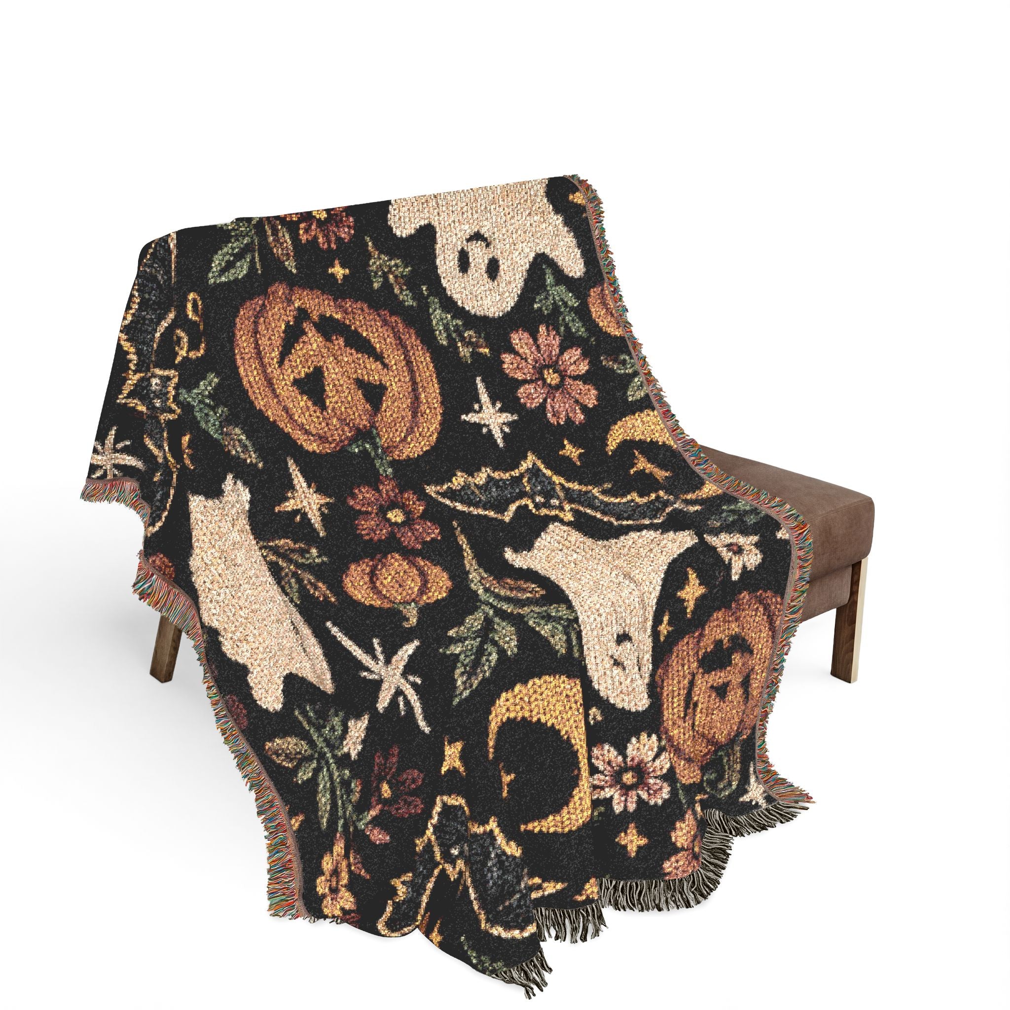 Halloween Ghosts and Pumpkins Woven Blanket | Spooky Retro Pattern