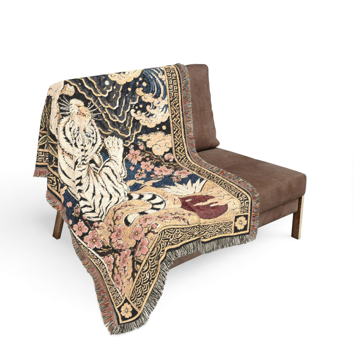 White Tiger Illustration Woven Blanket | Asian Floral Motif, Decorative Throw