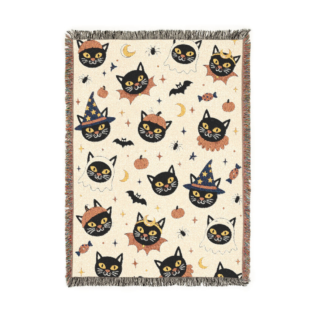 Spooky Cat Witch Pattern Woven Blanket | Halloween Cat Moon Stars