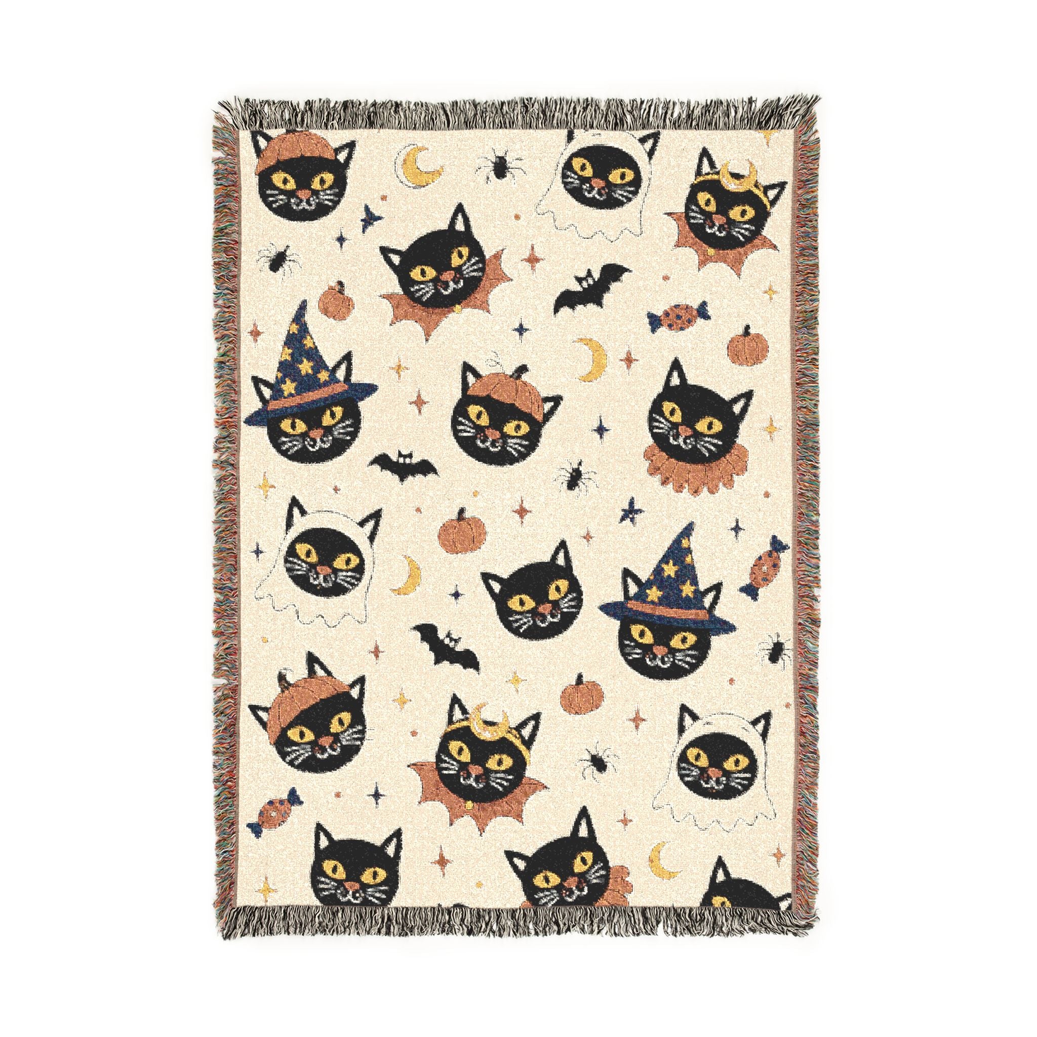 Spooky Cat Witch Pattern Woven Blanket | Halloween Cat Moon Stars