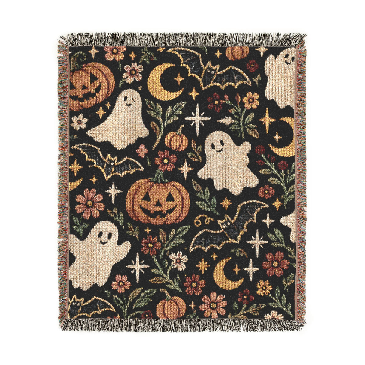 Halloween Ghosts and Pumpkins Woven Blanket | Spooky Retro Pattern