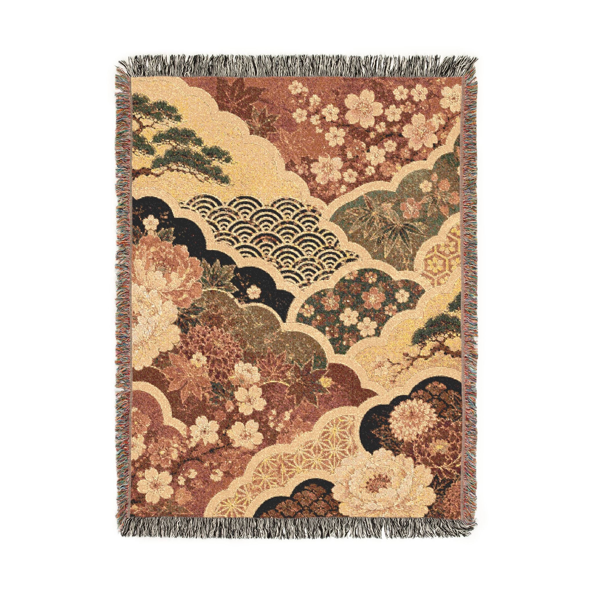 Floral Japanese style Pattern Woven Blanket | Vintage Patchwork Tapestry Throw