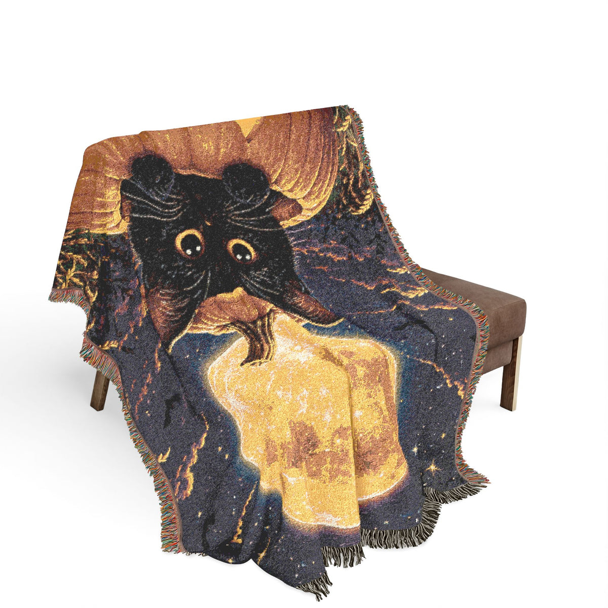 Black Cat Pumpkin Moon Woven Blanket | Halloween October Cozy Throw