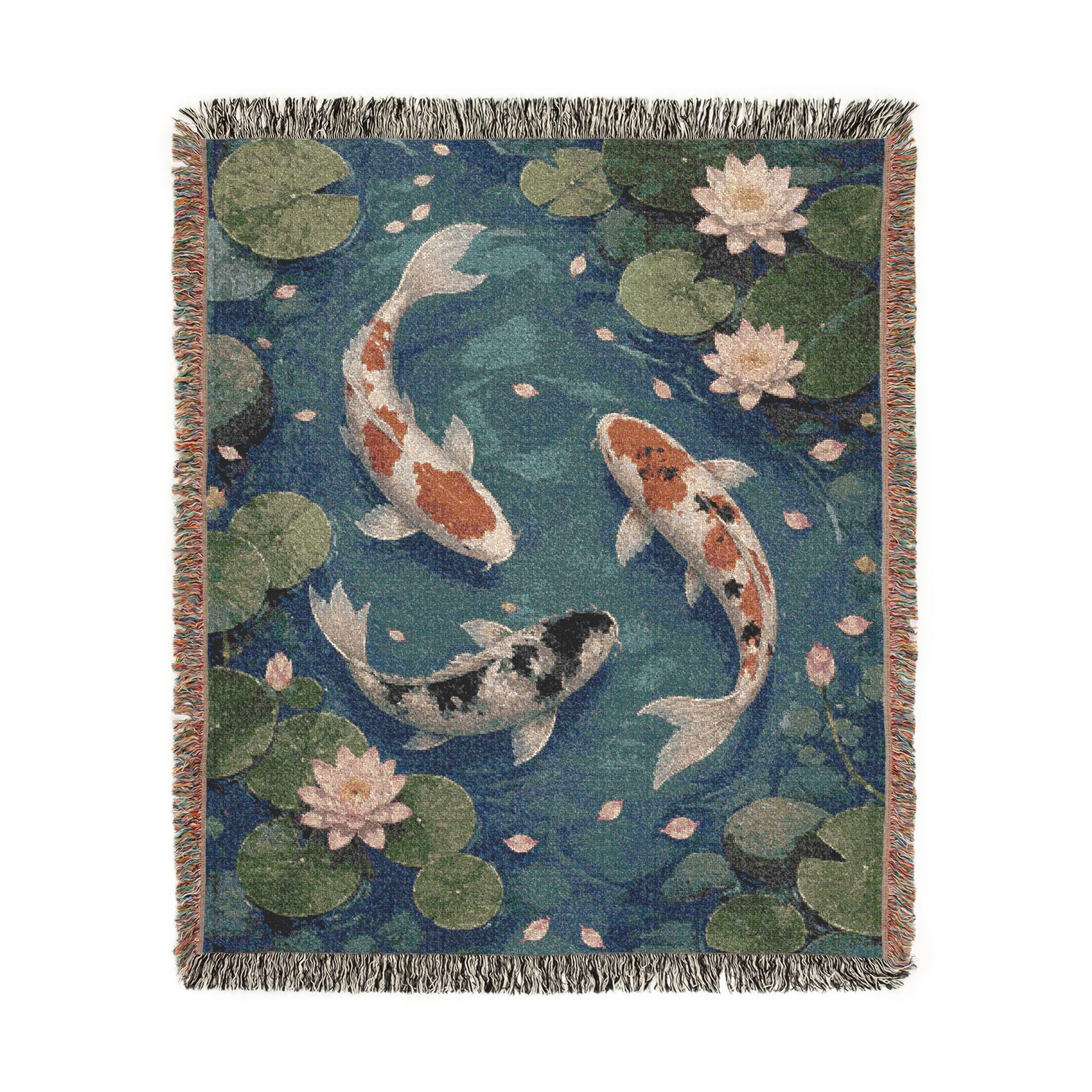 Koi Pond Illustration Woven Blanket | Koi Fish Lily Pad Throw