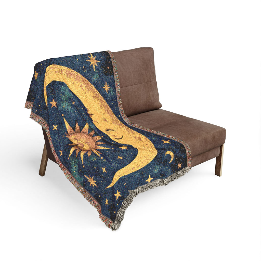 Celestial Moon and Sun Woven Blanket | Mystic Starry Tapestry Throw