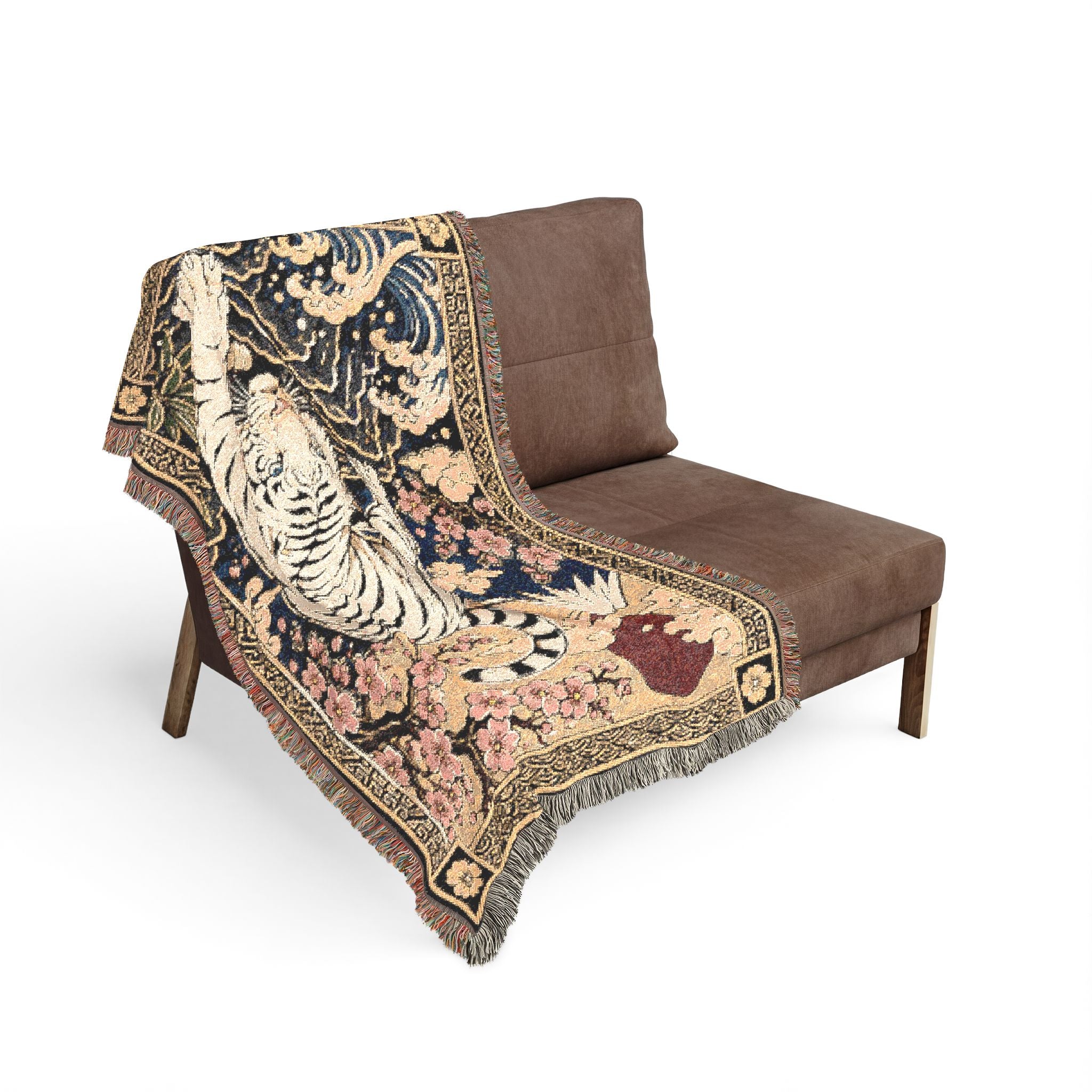 White Tiger Illustration Woven Blanket | Asian Floral Motif, Decorative Throw
