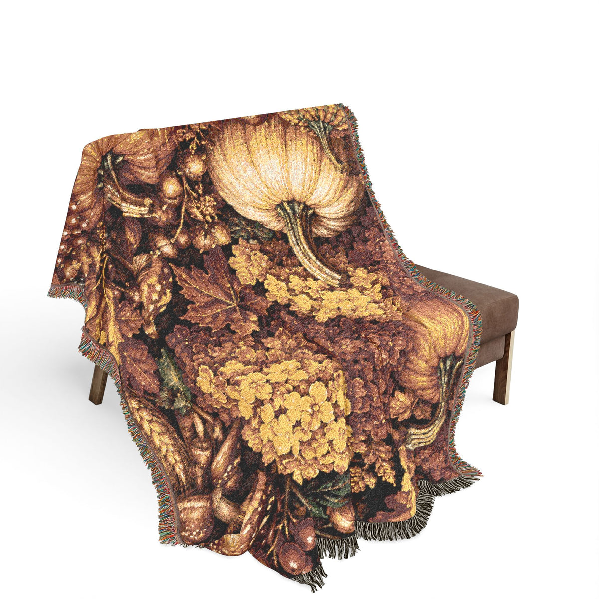 Autumn Harvest Pumpkin and Hydrangea Woven Blanket | Fall Floral Throw
