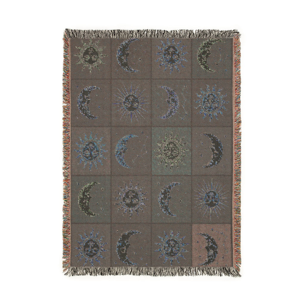 Celestial Sun and Moon Mosaic Woven Blanket | Boho Starry Throw