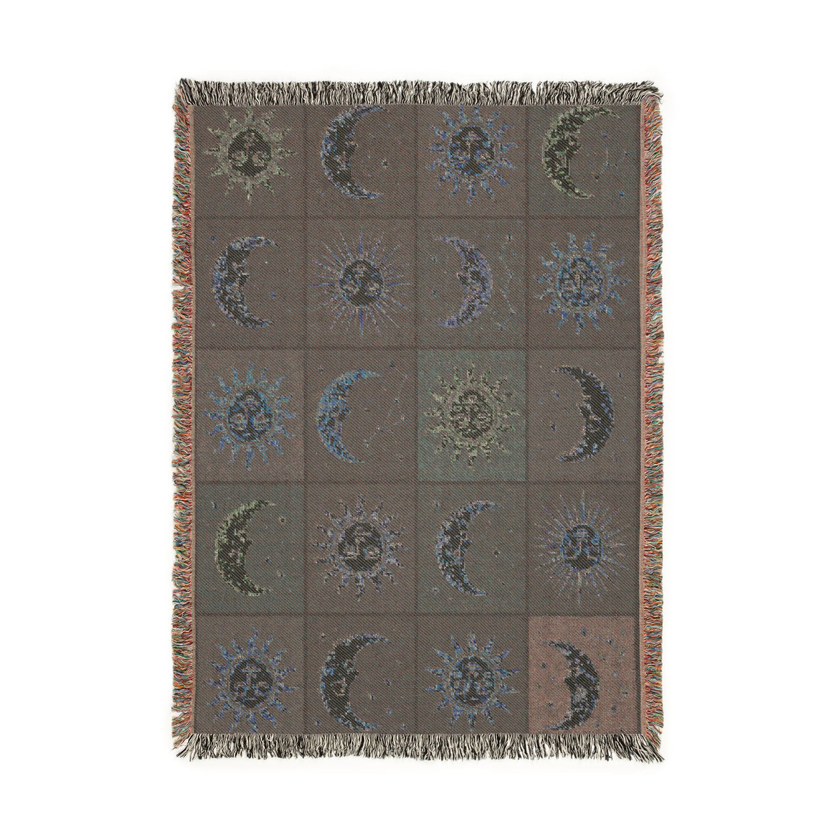Celestial Sun and Moon Mosaic Woven Blanket | Boho Starry Throw