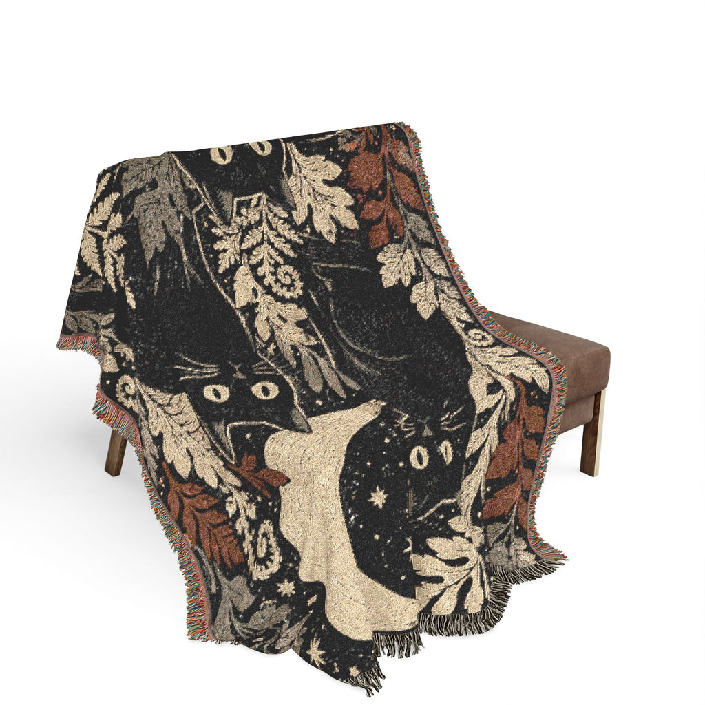 Black Cats and Crescent Moon Woven Blanket | Autumn Leaf Tapestry