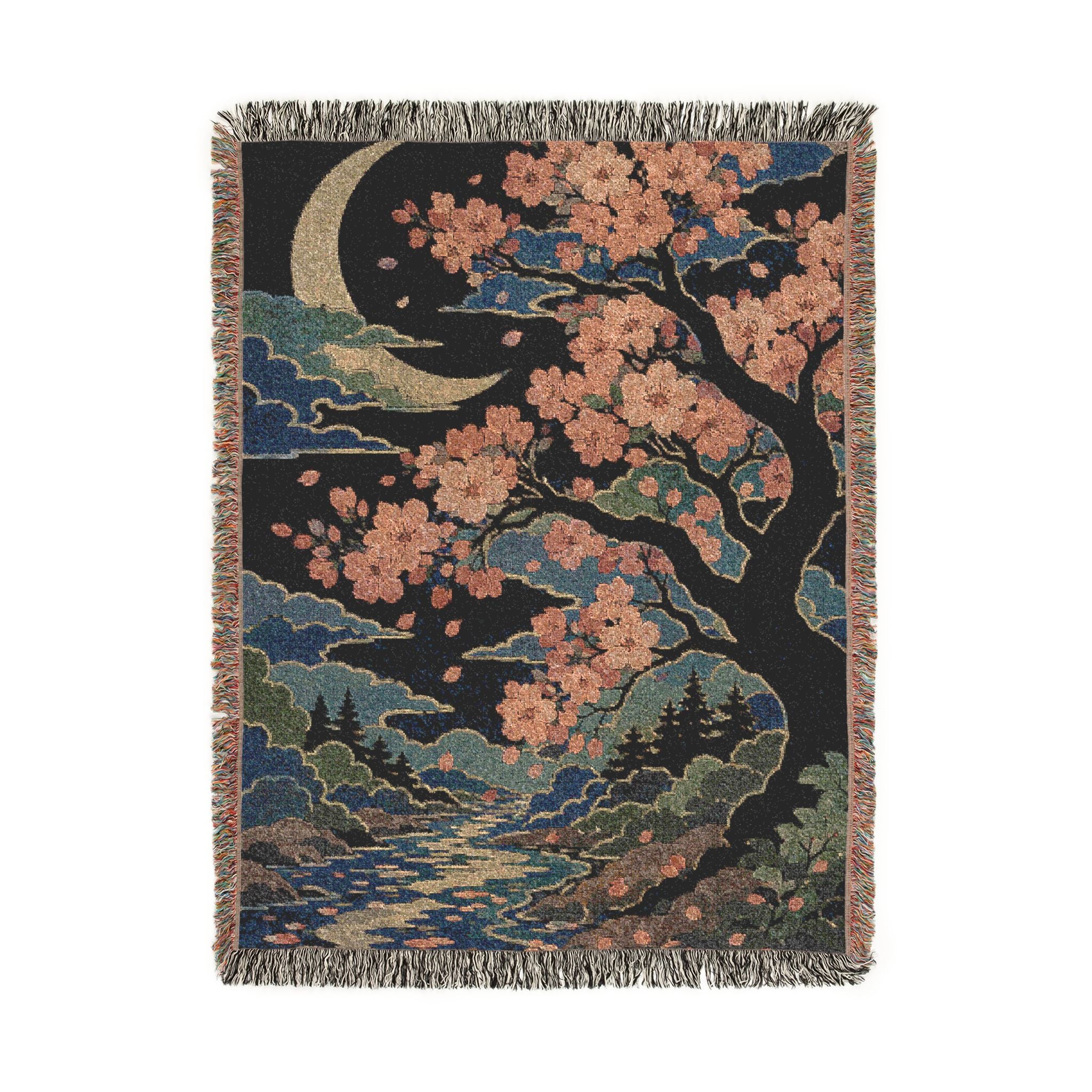 Cherry Blossom Moon Woven Blanket | Floral Night Sky Throw