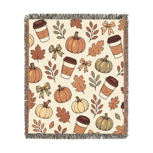 Autumn Pumpkin Pattern Woven Blanket | Fall Leaves, Pumpkin Spice Cups