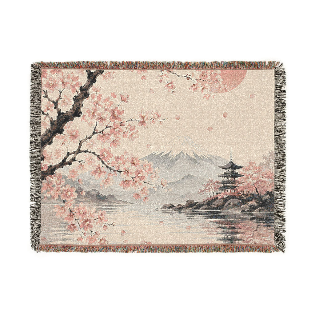Cherry Blossom Woven Blanket — Japanese Moon Tapestry Throw