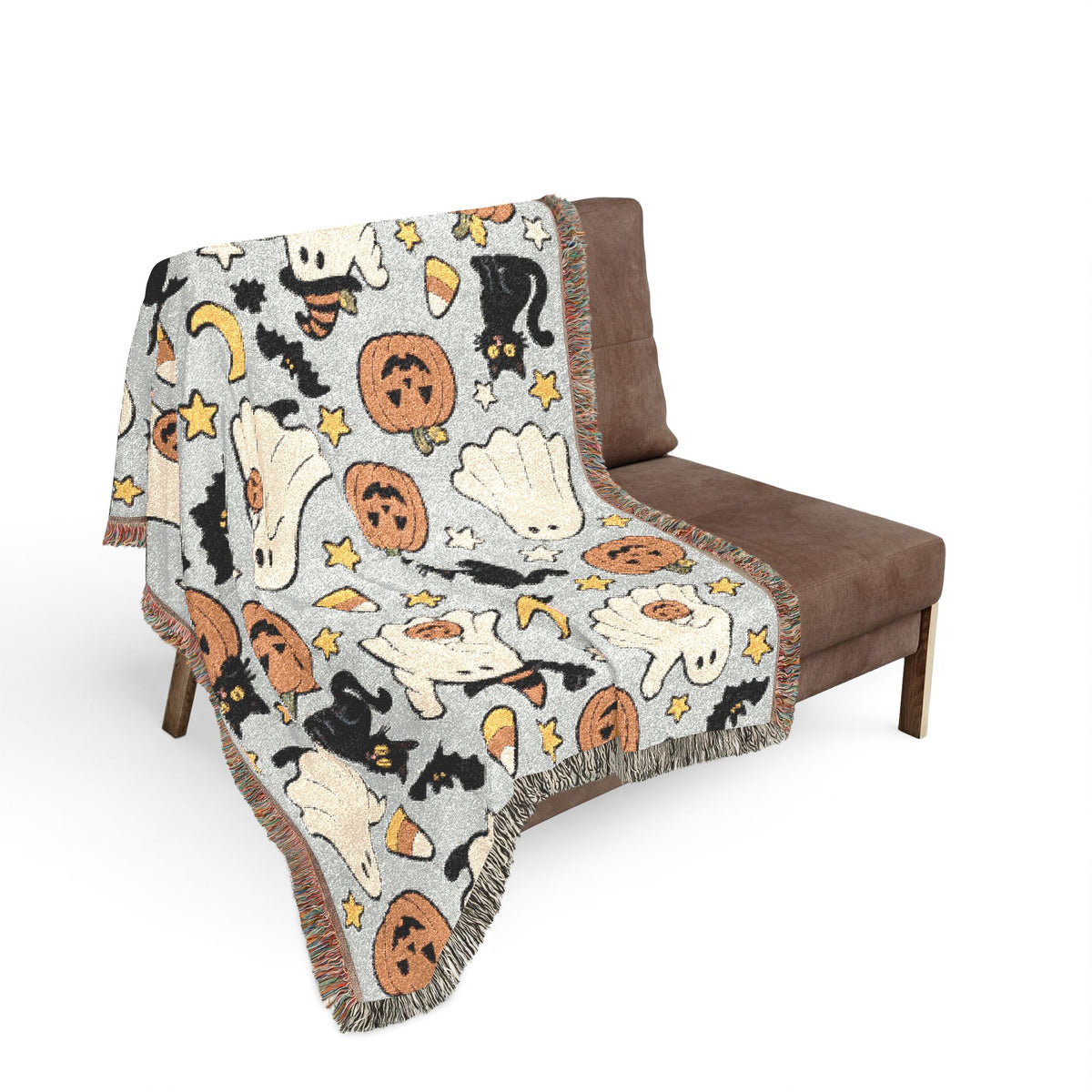Cute Halloween Ghosts and Pumpkins Woven Blanket | Spooky Fall Throw