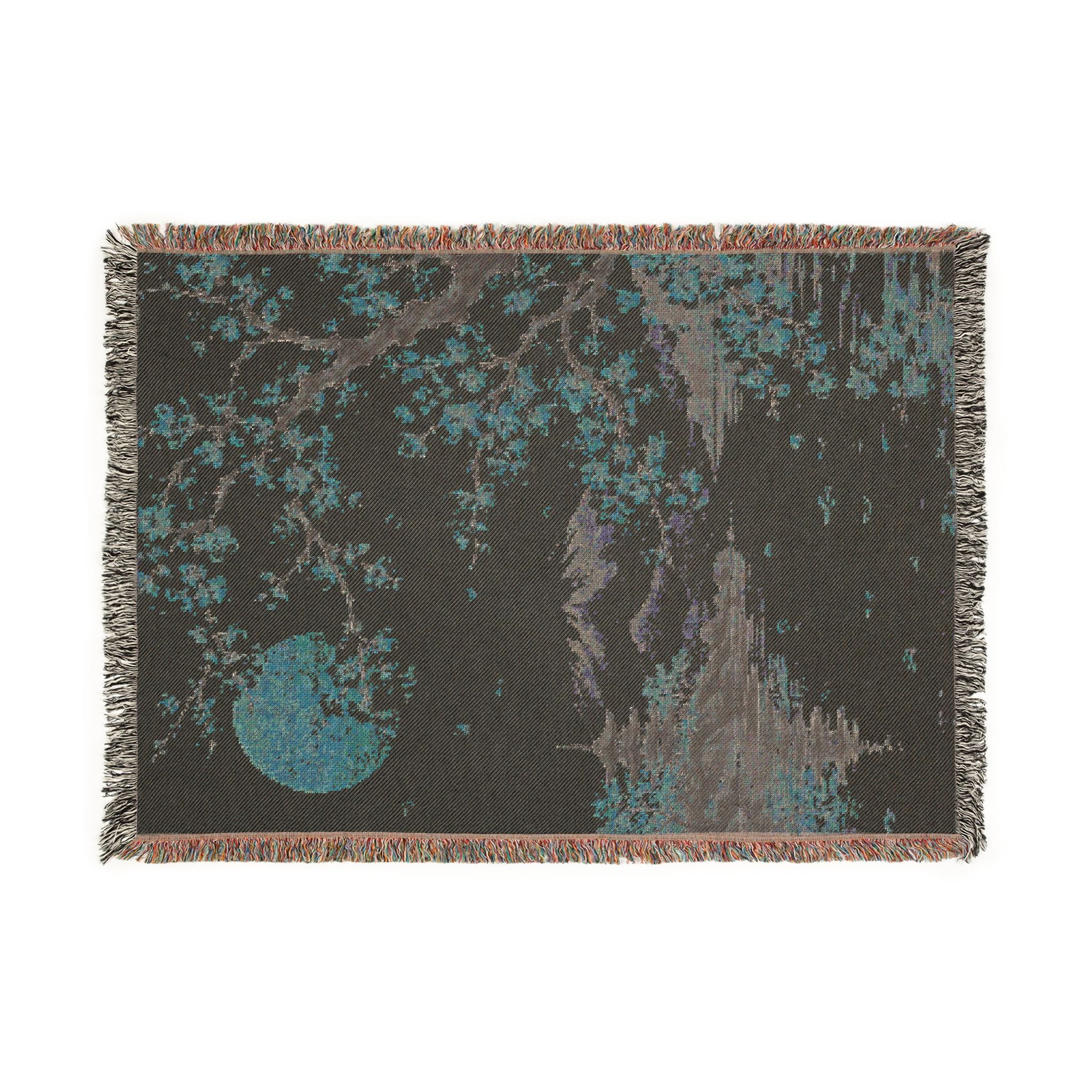 Cherry Blossom Woven Blanket — Japanese Moon Tapestry Throw