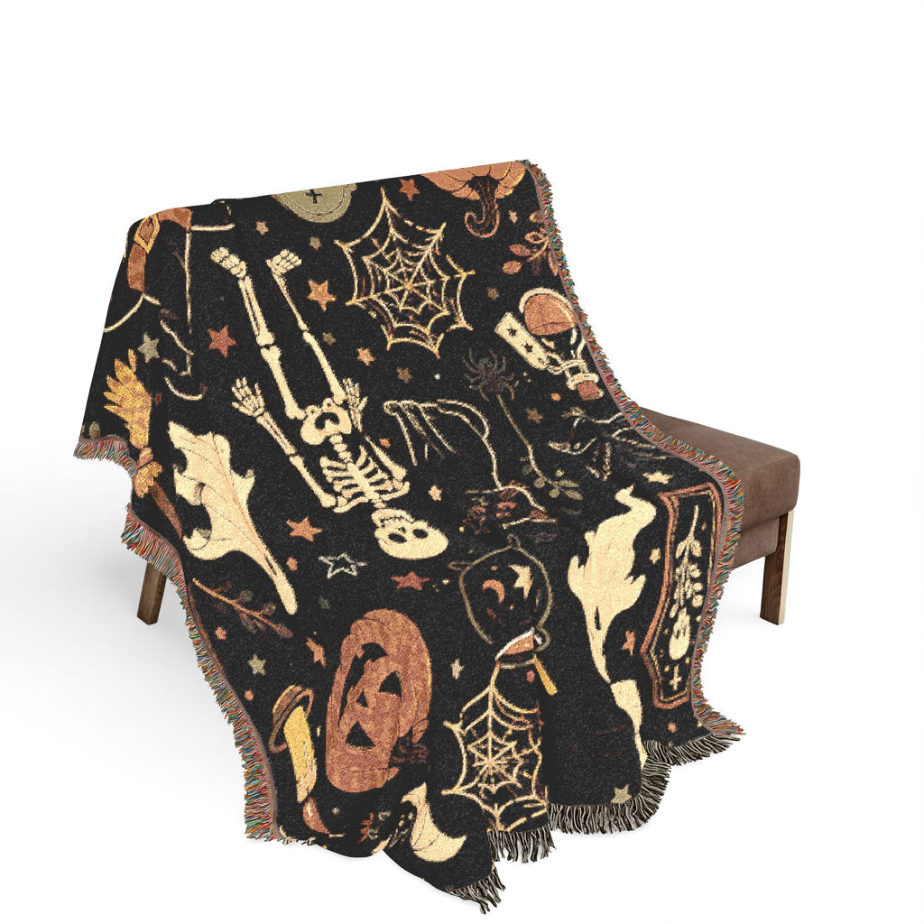 Halloween Spooky Pattern Woven Blanket | Ghosts Pumpkins Skeletons