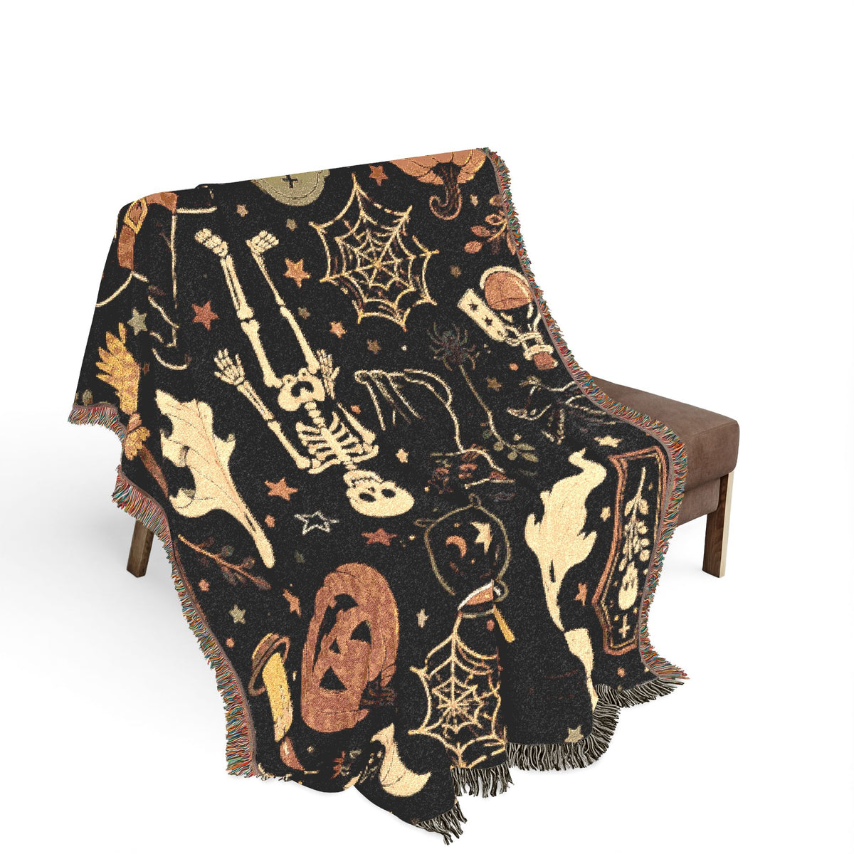 Halloween Spooky Pattern Woven Blanket | Ghosts Pumpkins Skeletons
