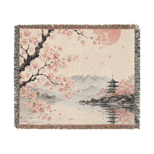 Cherry Blossom Woven Blanket — Japanese Moon Tapestry Throw