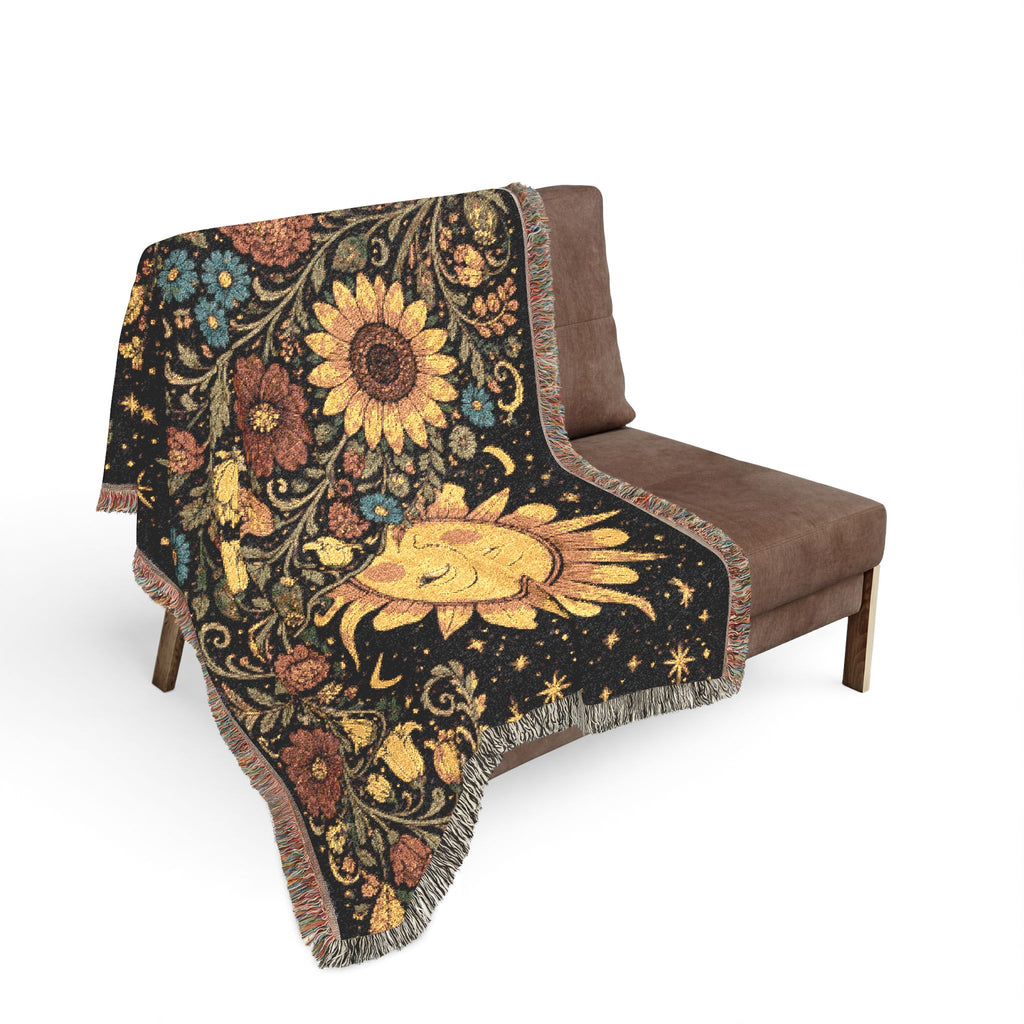 Sunflower Moon Tapestry Woven Blanket | Celestial Floral Throw