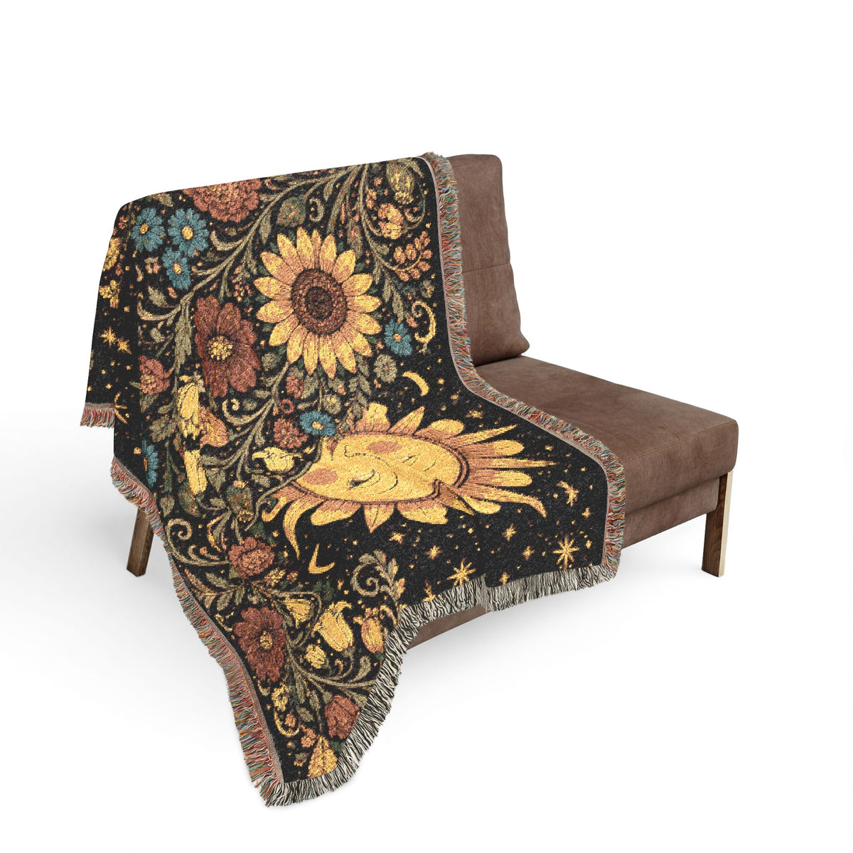 Sunflower Moon Tapestry Woven Blanket | Celestial Floral Throw