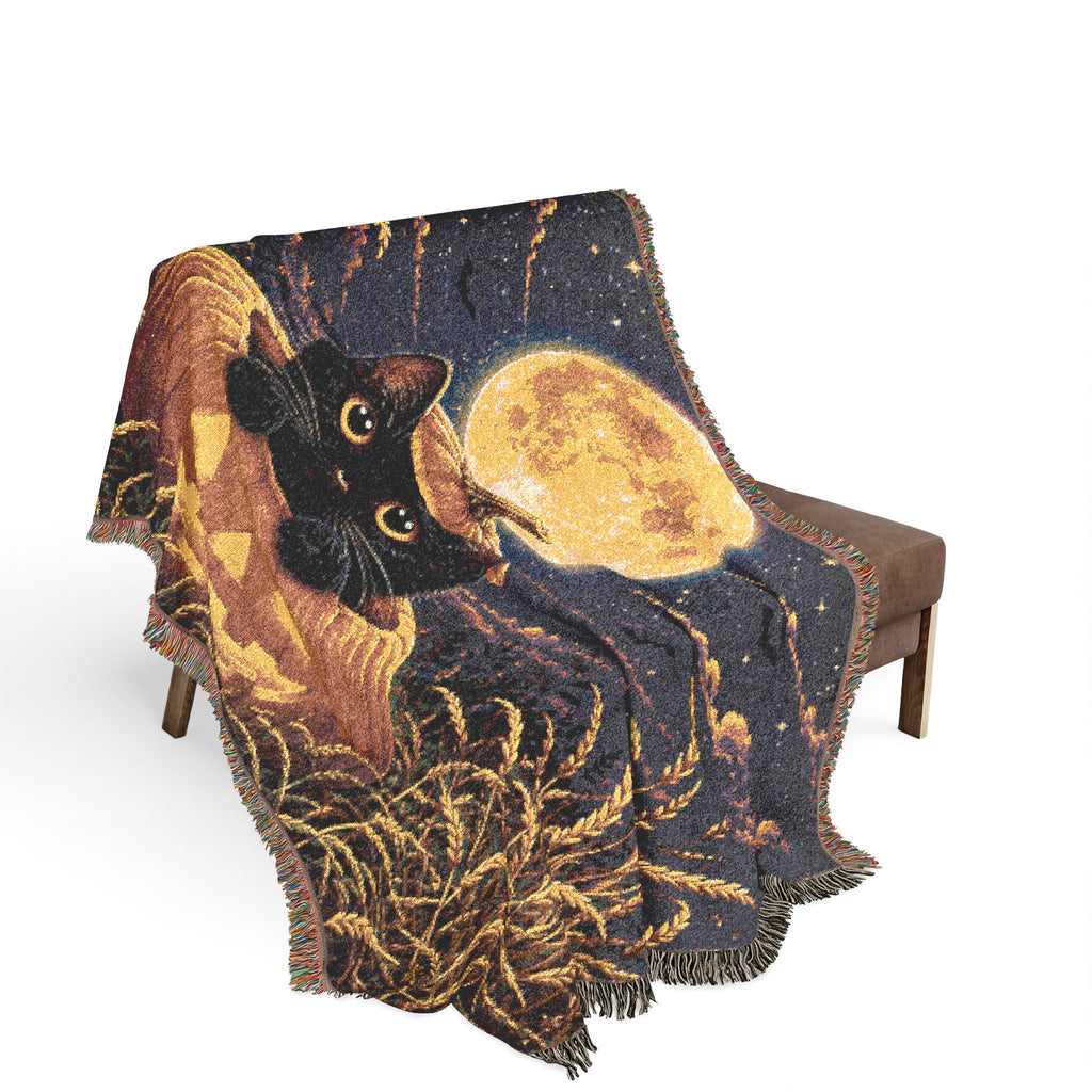 Halloween Cat & Full Moon Woven Blanket