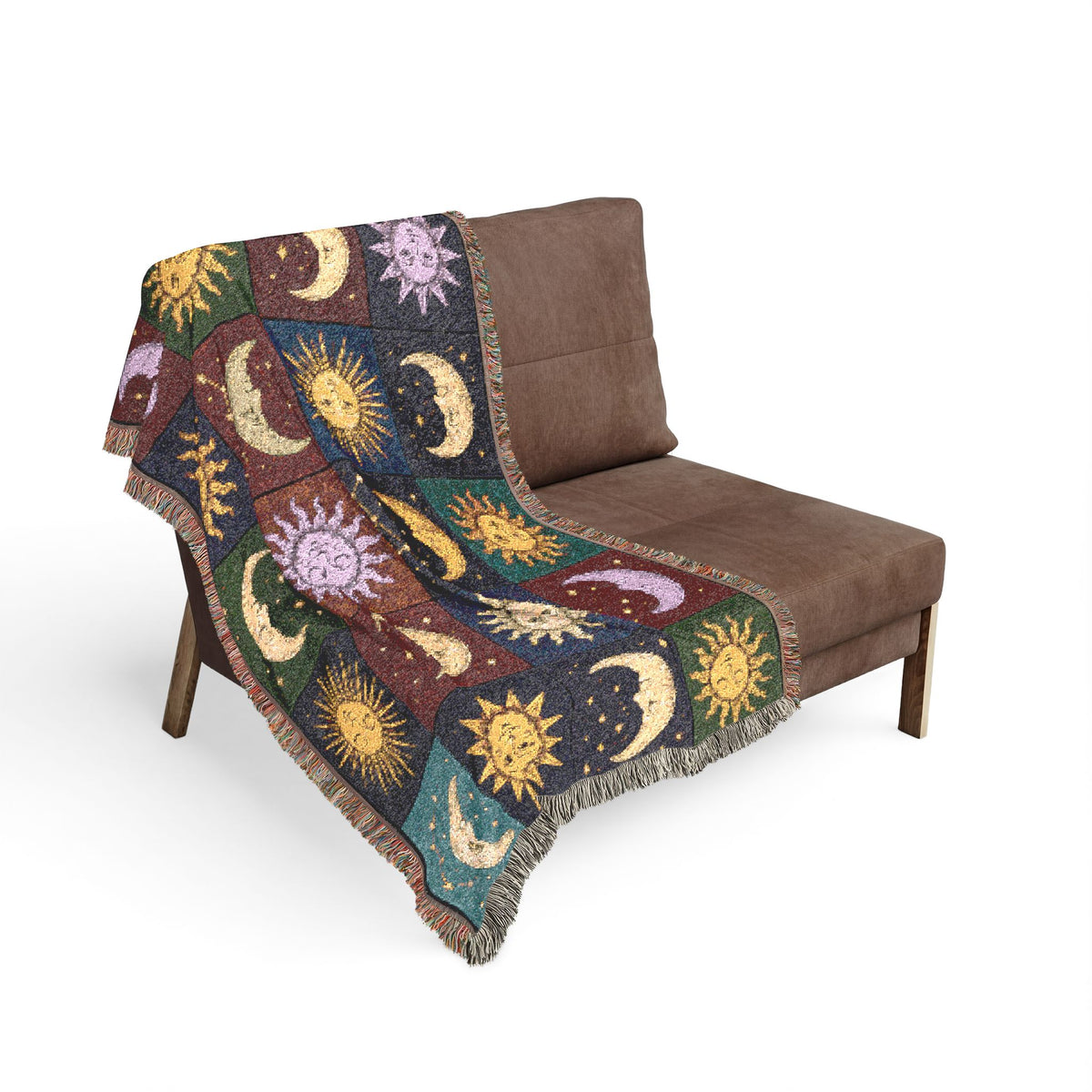 Celestial Sun and Moon Mosaic Woven Blanket | Boho Starry Throw