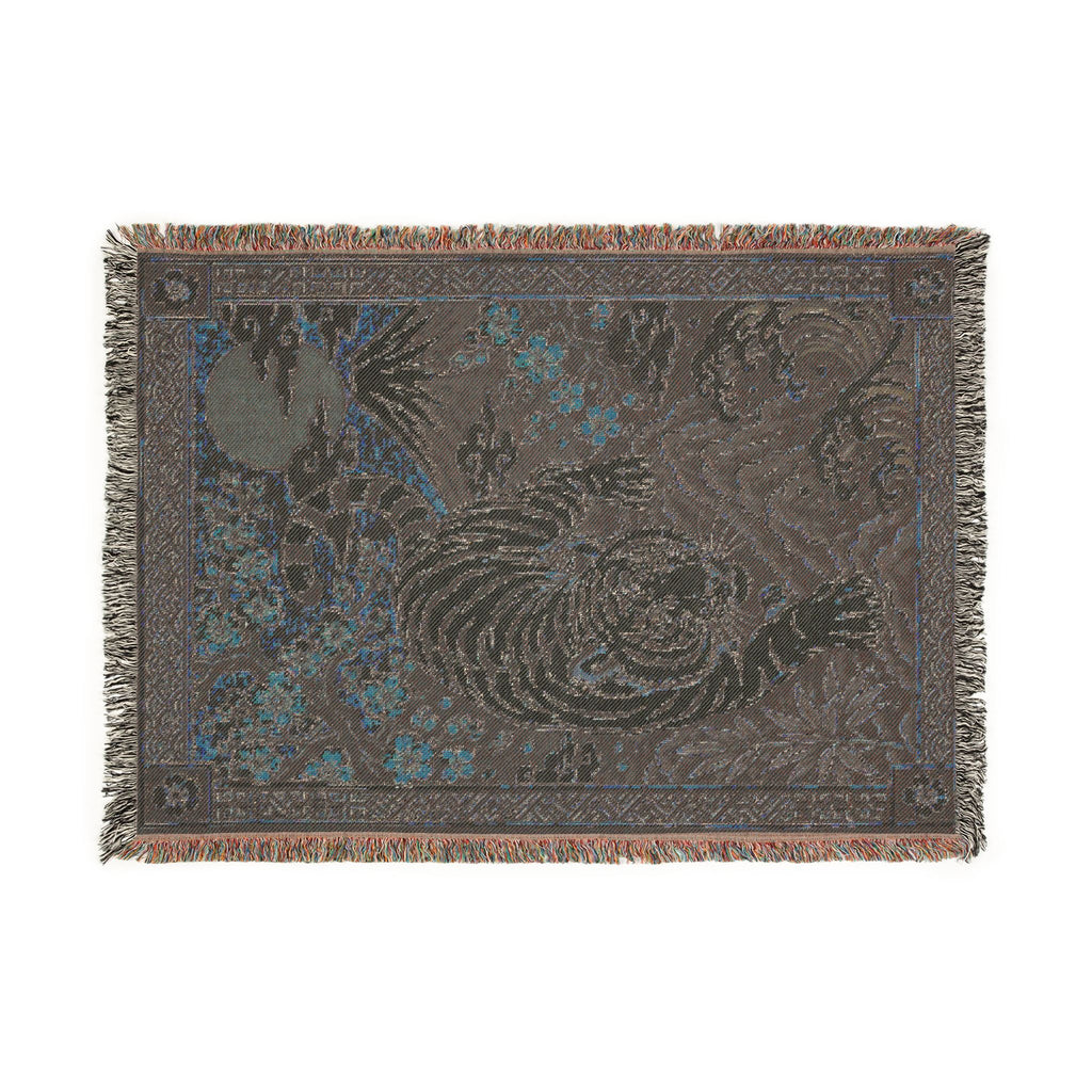 White Tiger Illustration Woven Blanket | Asian Floral Motif, Decorative Throw